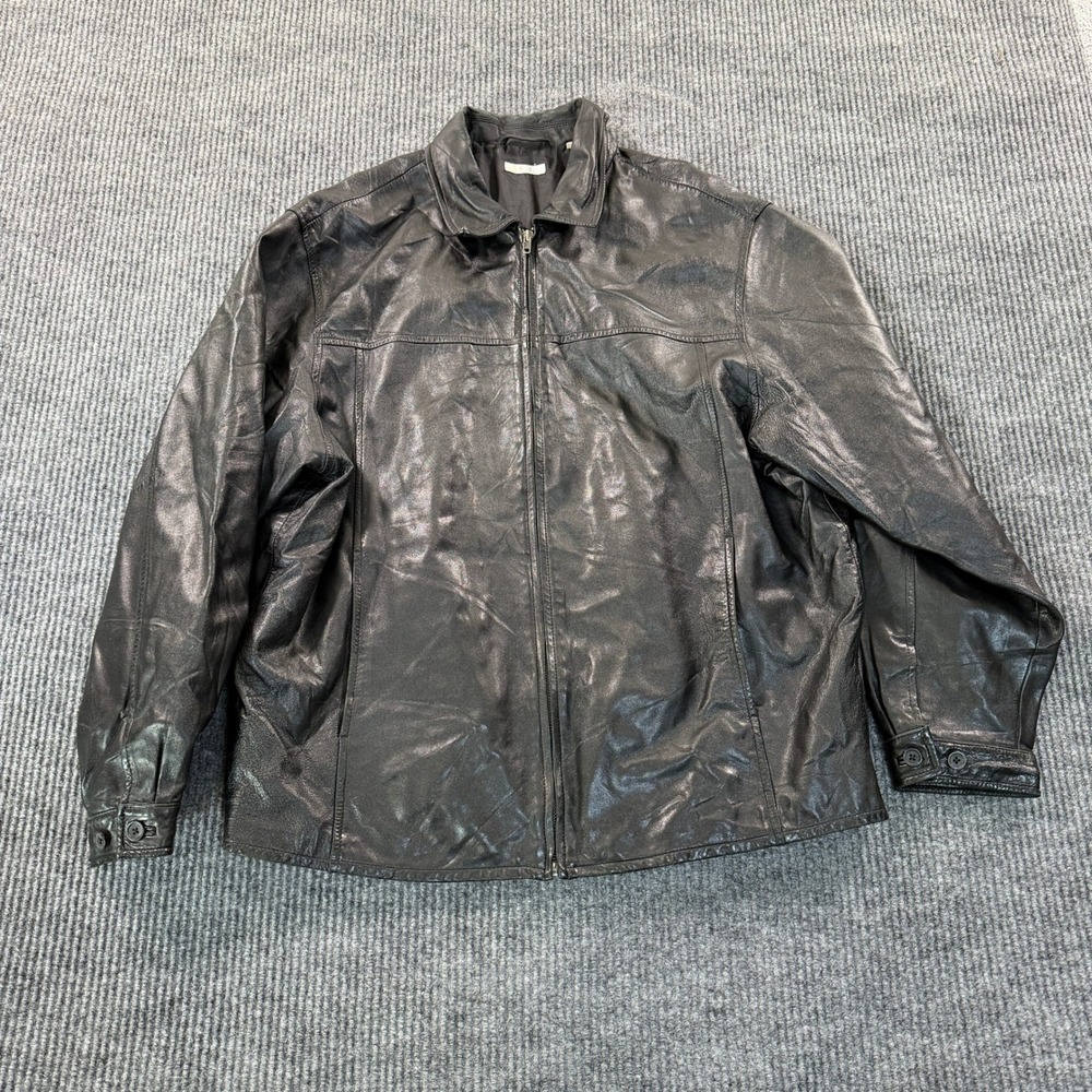 Halogen Mens Full Zip Leather Jacket Size Large Black Solid Genuine Leather